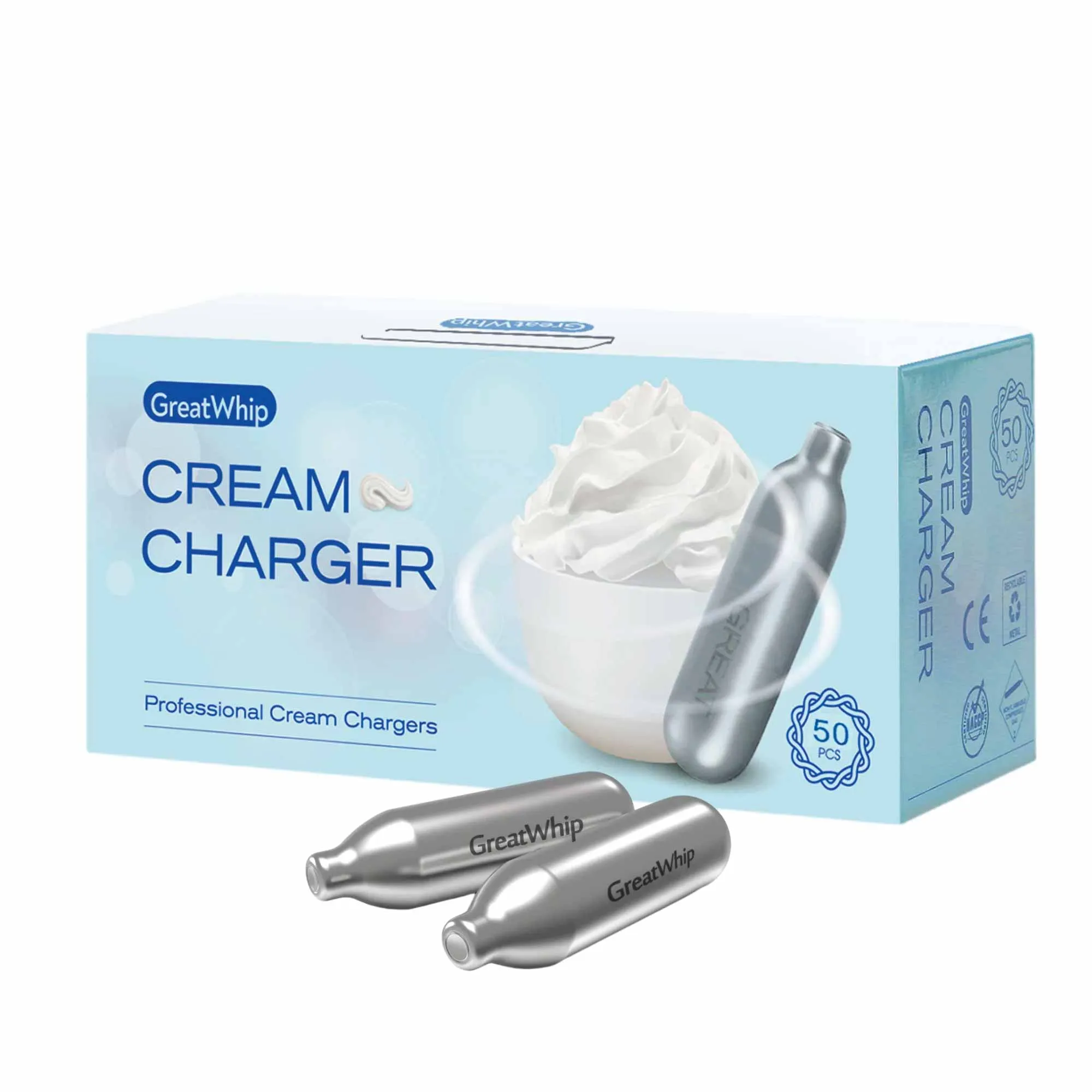 100x Cream Chargers | GreatWhip NO2 Nitrous Oxide Food Use Whip Bulb Canisters
