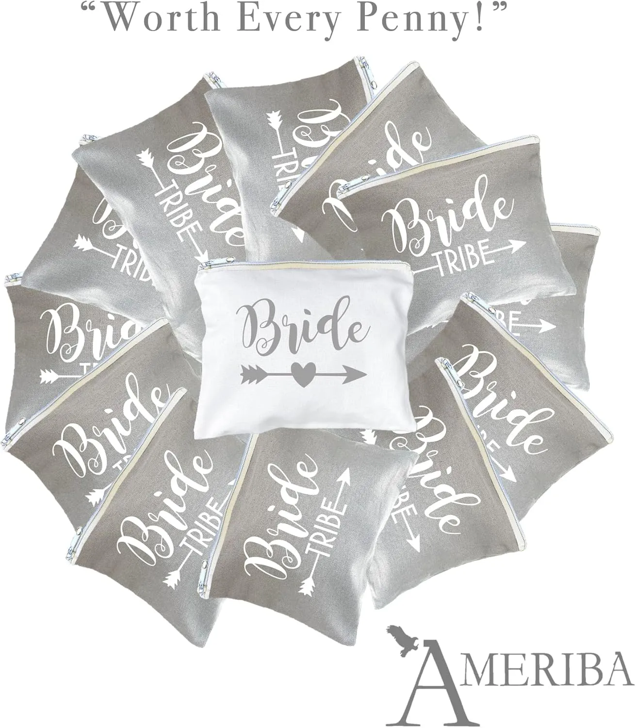 12 PACK SET   1 BRIDE BAG Premium Natural Cotton Canvas Makeup Bag- Bridesmaids Gifts for the Bachelorette Party or Bridal Shower