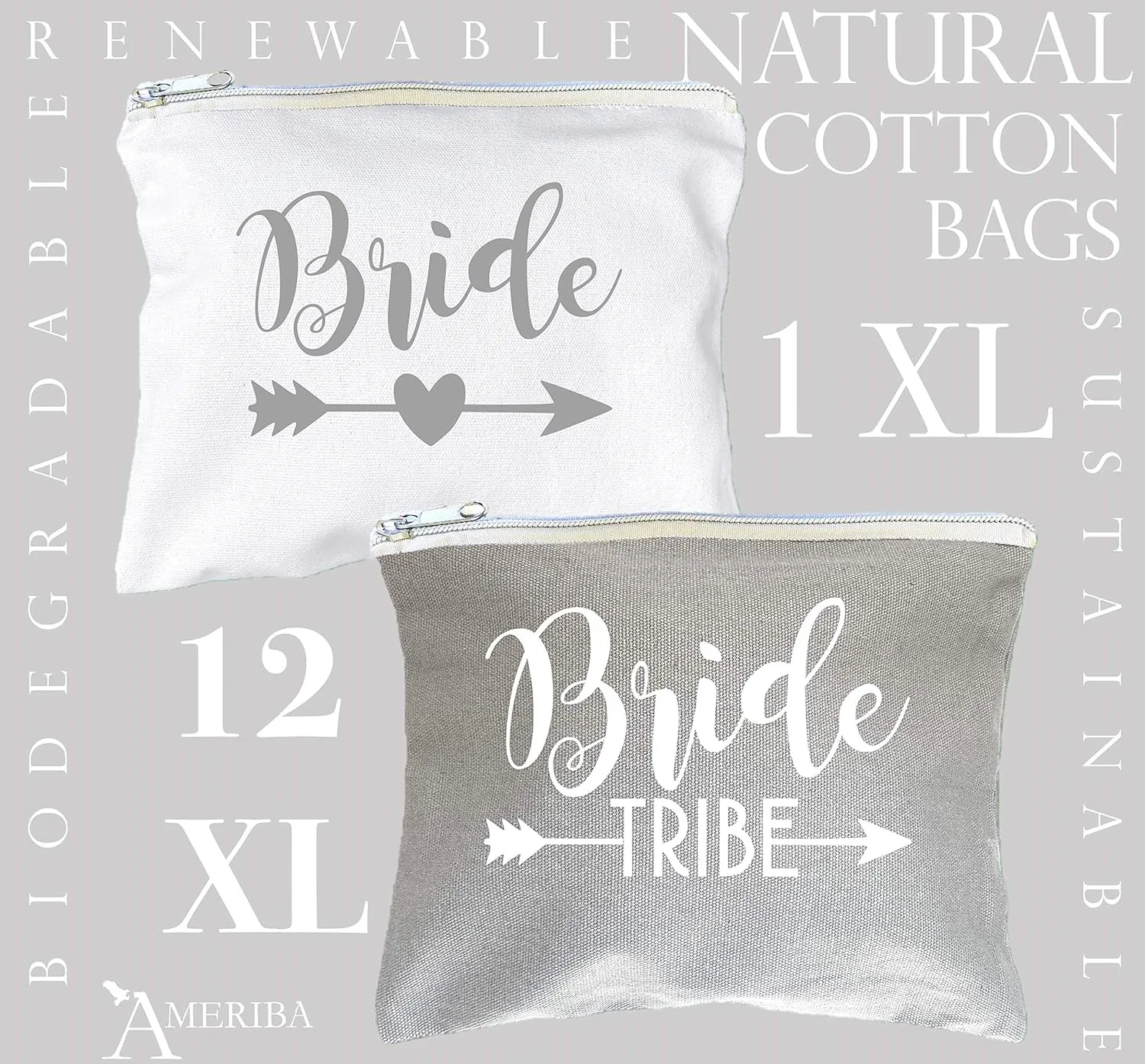 12 PACK SET   1 BRIDE BAG Premium Natural Cotton Canvas Makeup Bag- Bridesmaids Gifts for the Bachelorette Party or Bridal Shower