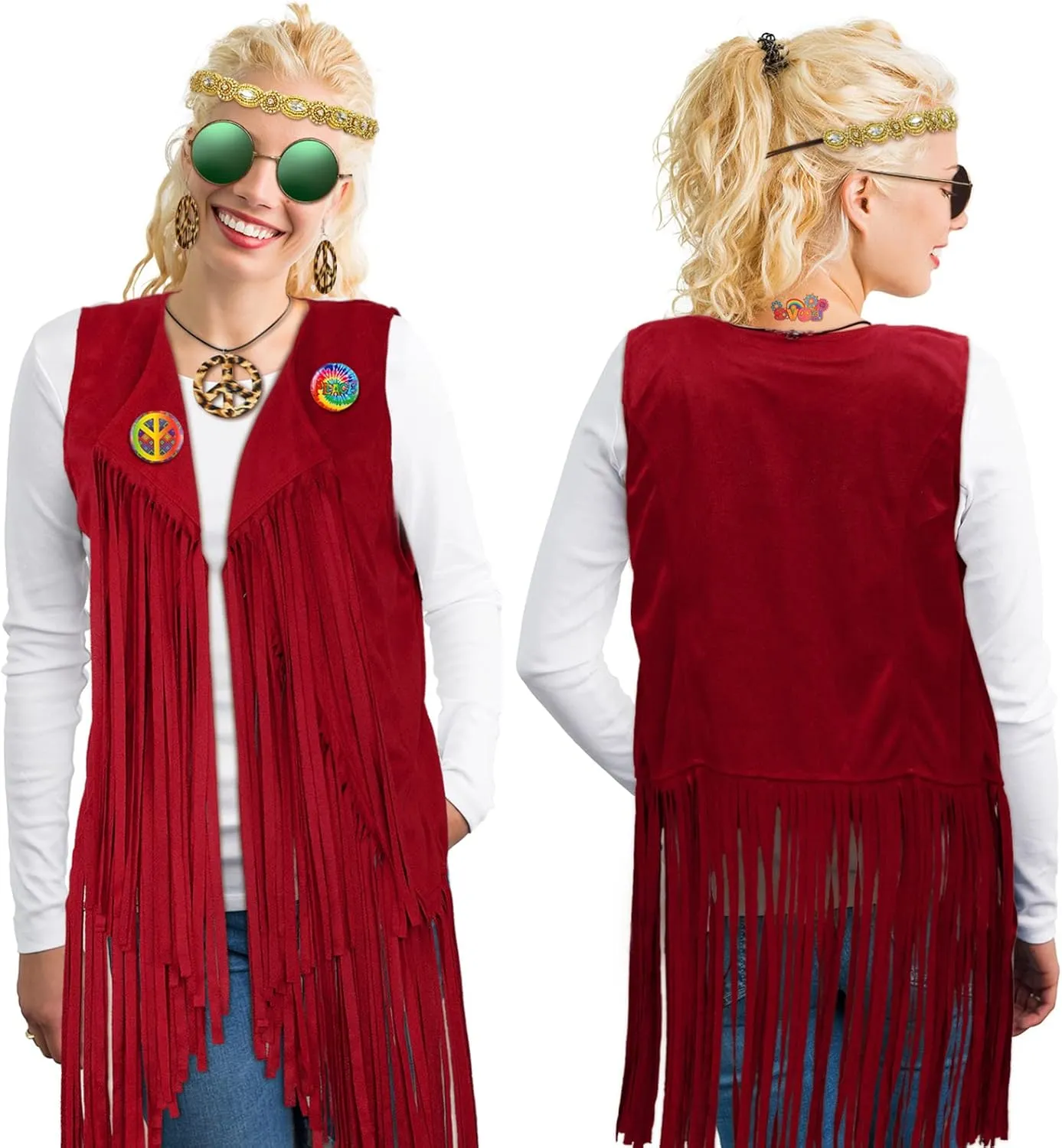 16 Pcs 60s 70s Outfits for Women Hippie Costume Accessories Set Fringe Vest Tassel Cardigan Sunglasses Peace Sign