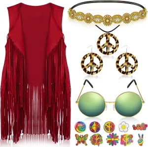 16 Pcs 60s 70s Outfits for Women Hippie Costume Accessories Set Fringe Vest Tassel Cardigan Sunglasses Peace Sign
