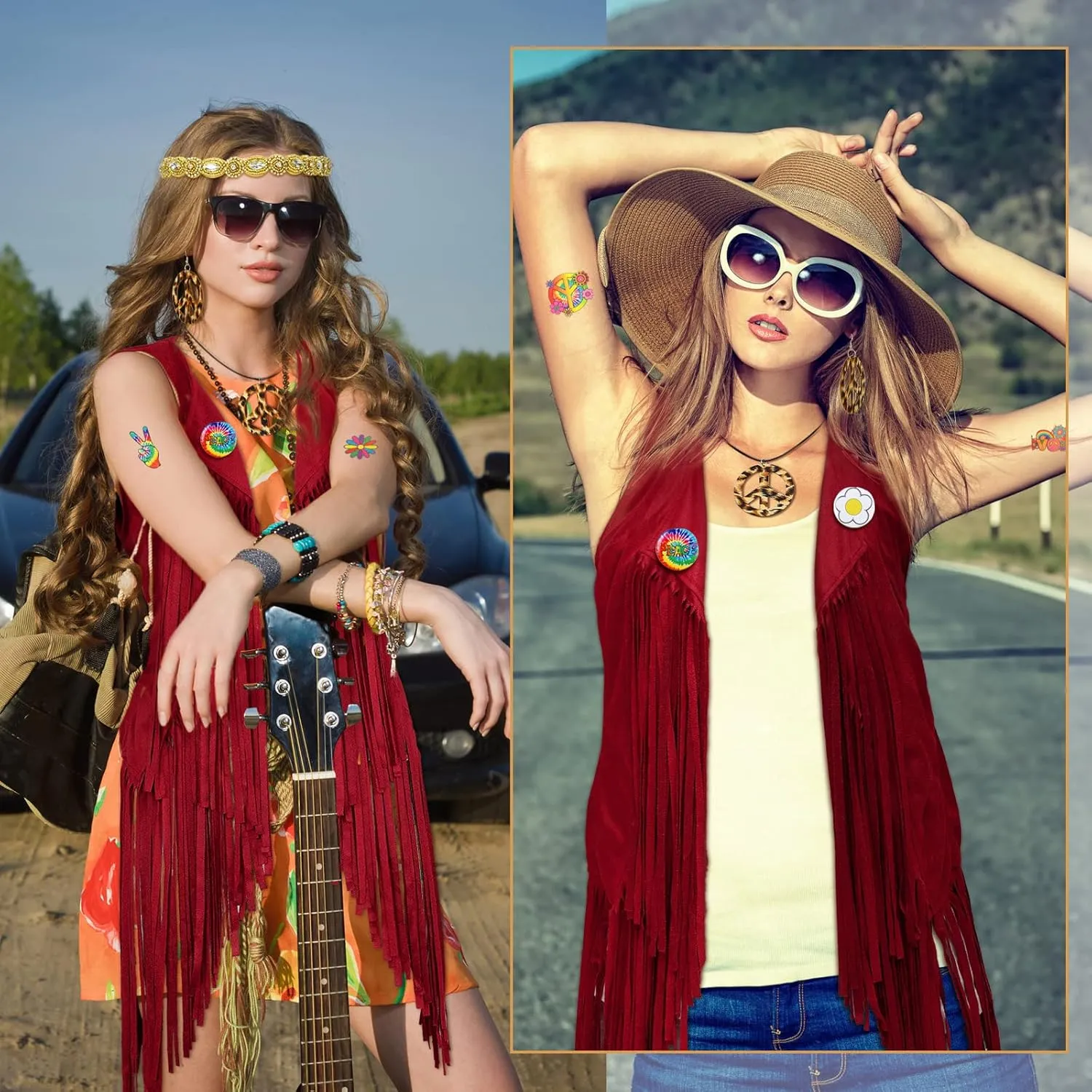 16 Pcs 60s 70s Outfits for Women Hippie Costume Accessories Set Fringe Vest Tassel Cardigan Sunglasses Peace Sign