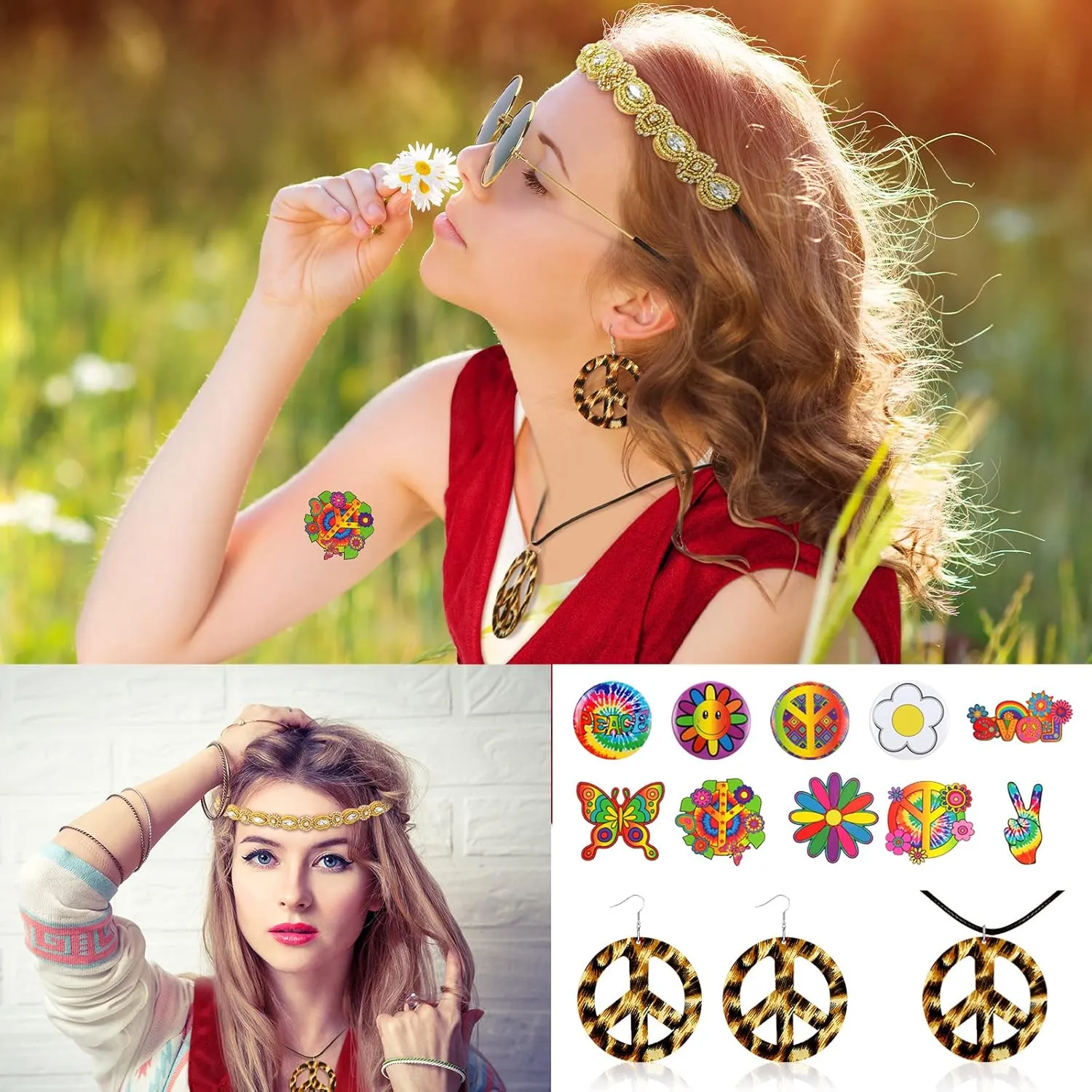 16 Pcs 60s 70s Outfits for Women Hippie Costume Accessories Set Fringe Vest Tassel Cardigan Sunglasses Peace Sign