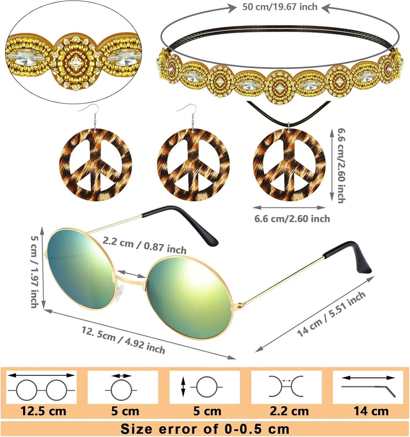 16 Pcs 60s 70s Outfits for Women Hippie Costume Accessories Set Fringe Vest Tassel Cardigan Sunglasses Peace Sign