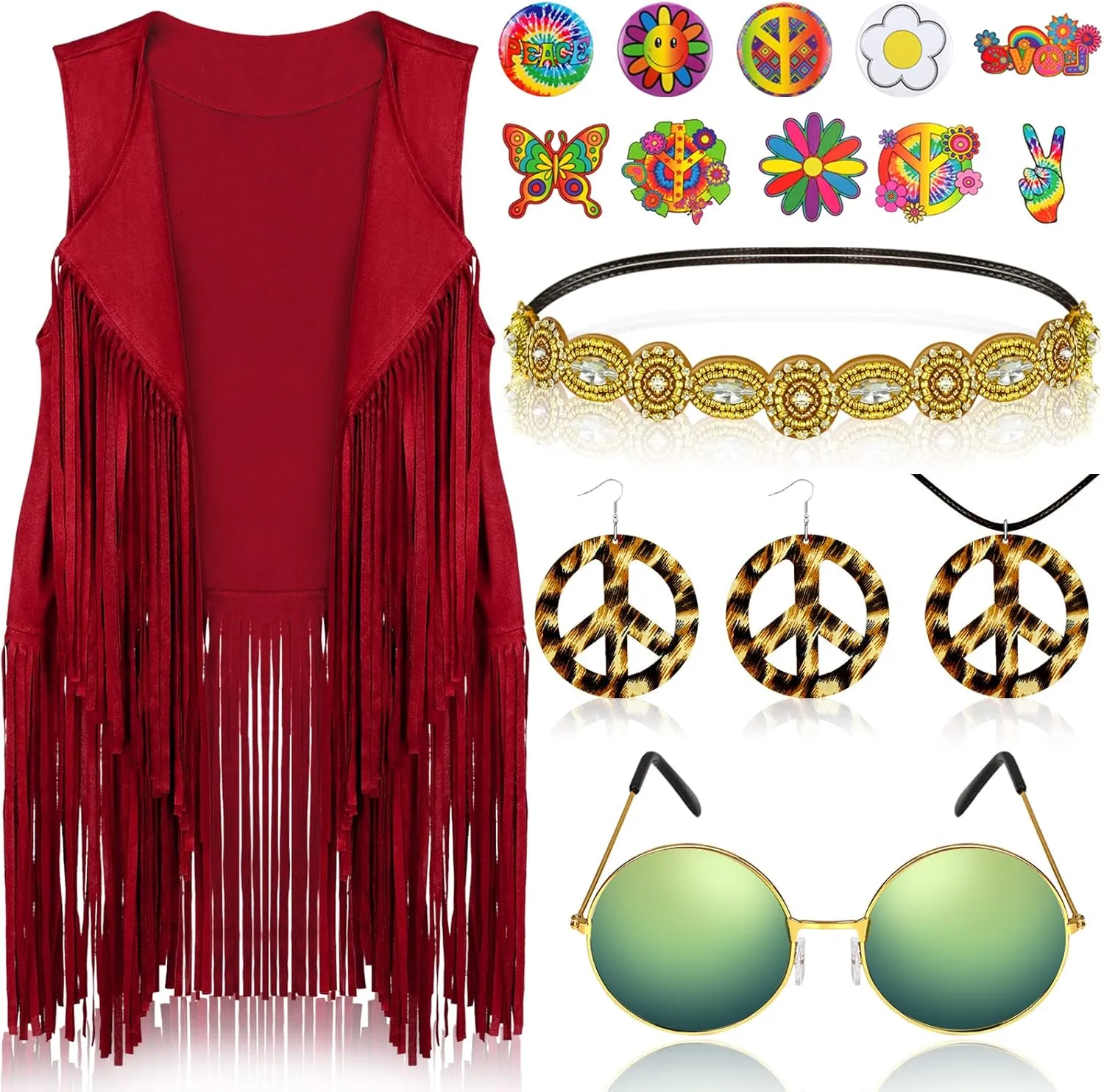 16 Pcs 60s 70s Outfits for Women Hippie Costume Accessories Set Fringe Vest Tassel Cardigan Sunglasses Peace Sign