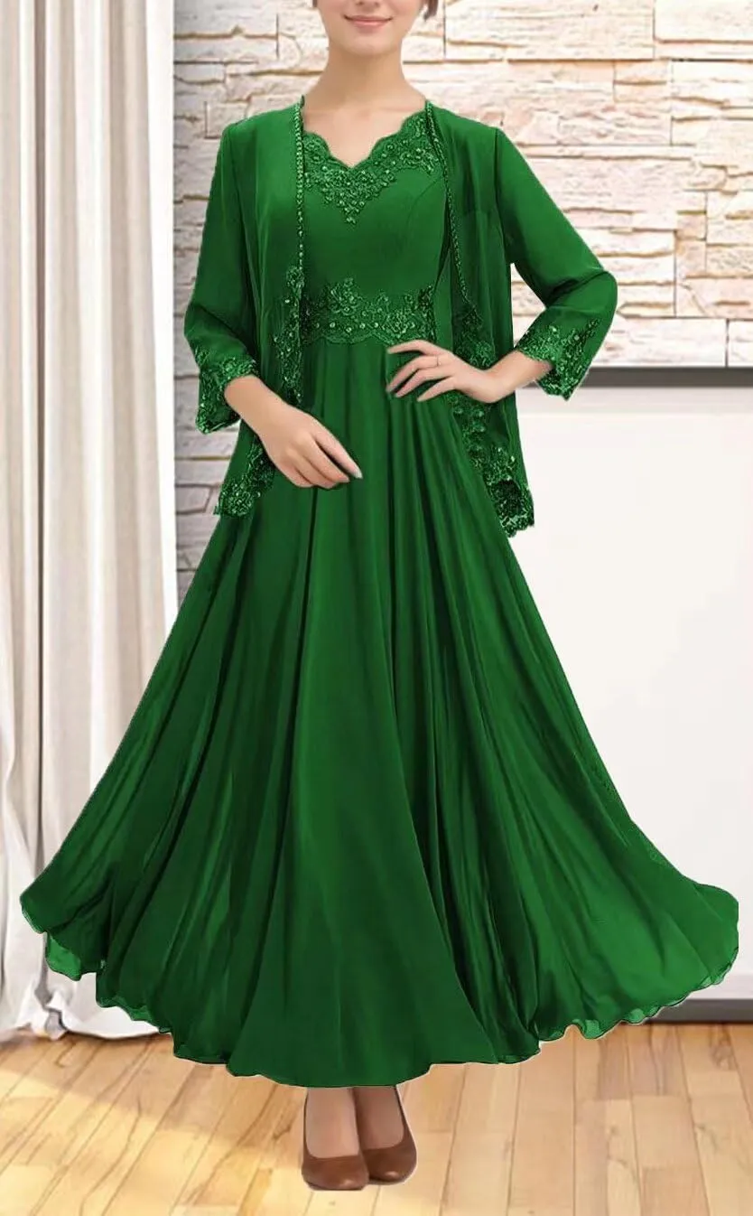2 Piece Mother of The Bride Jacket Dresses Tea Length Sequin Chiffon Formal Gowns for Wedding Guest