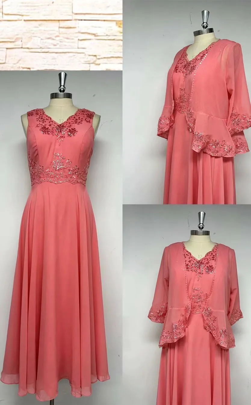 2 Piece Mother of The Bride Jacket Dresses Tea Length Sequin Chiffon Formal Gowns for Wedding Guest