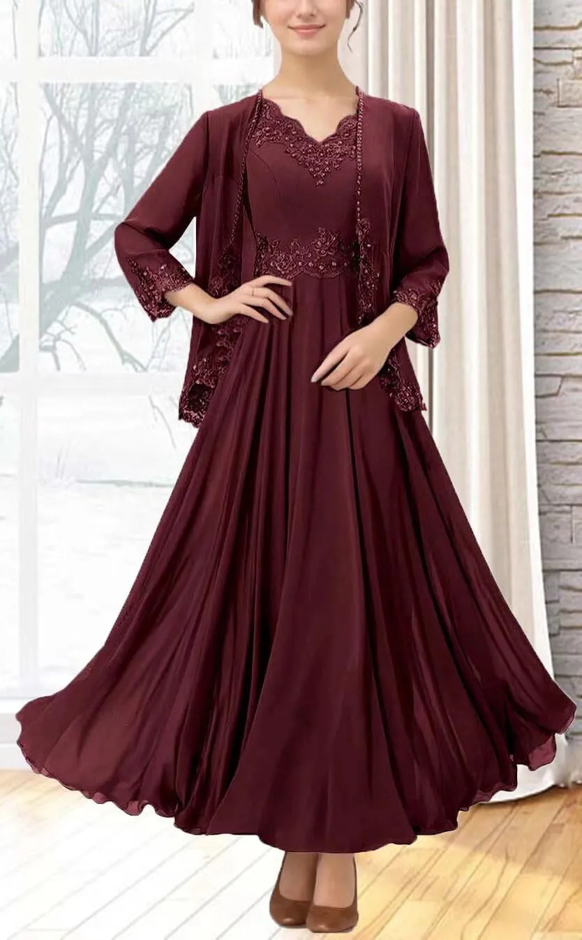 2 Piece Mother of The Bride Jacket Dresses Tea Length Sequin Chiffon Formal Gowns for Wedding Guest