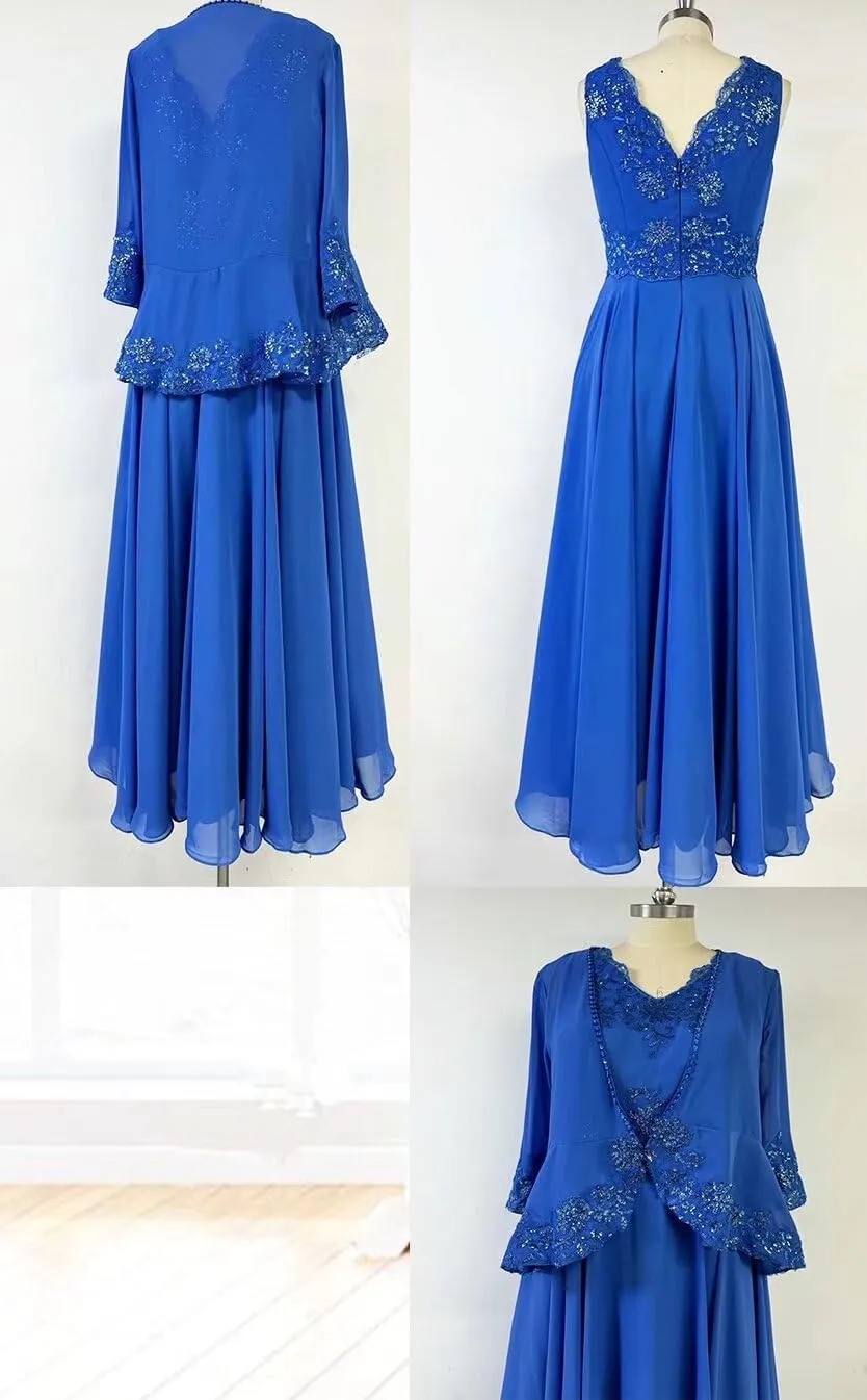 2 Piece Mother of The Bride Jacket Dresses Tea Length Sequin Chiffon Formal Gowns for Wedding Guest