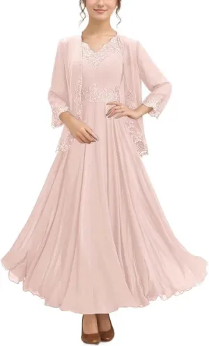 2 Piece Mother of The Bride Jacket Dresses Tea Length Sequin Chiffon Formal Gowns for Wedding Guest