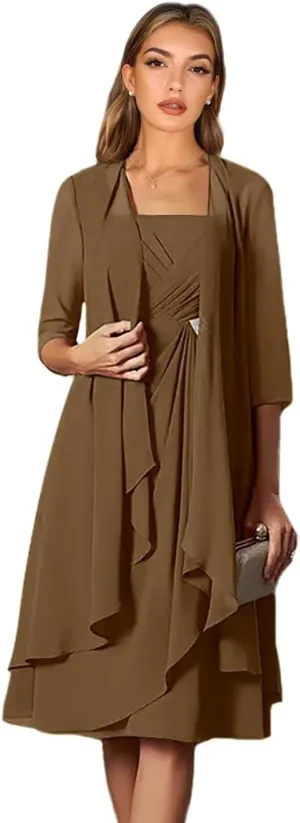 2 Piece Pleated Knee Length Chiffon Mother of The Bride Dresses with Jacket Beaded Formal Wedding Guest Gowns