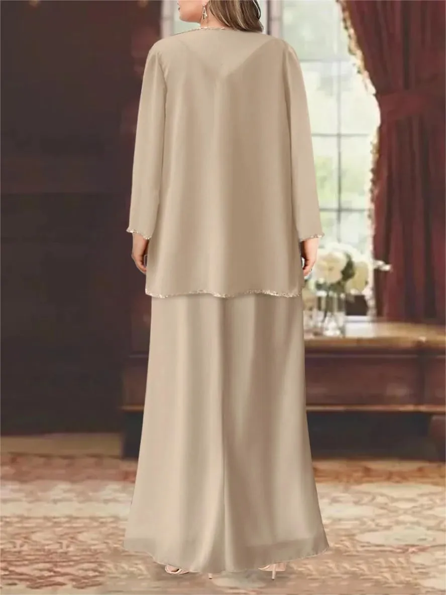 2 Piece Sequin Chiffon Mother of The Bride Dresses for Women with Jackets Long Sleeve Formal Evening Dresses Elegant