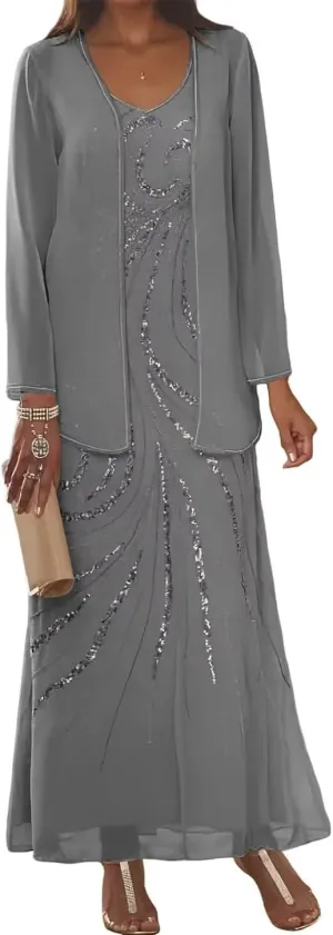 2 Piece Sequin Chiffon Mother of The Bride Dresses for Women with Jackets Long Sleeve Formal Evening Dresses Elegant