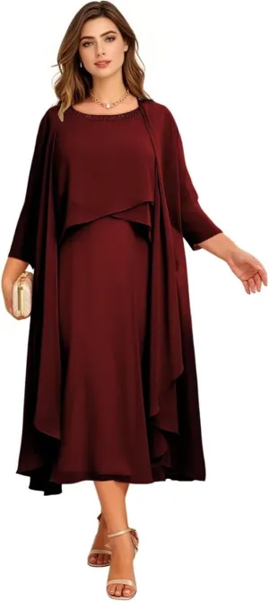 2 Pieces Chiffon Mother of The Bride Dresses for Wedding Long Sleeve Formal Evening Dress with Jacket