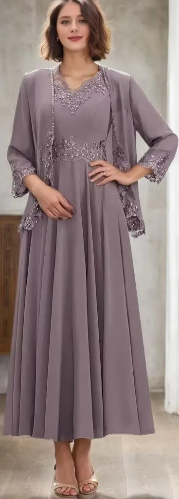 2 Pieces Mother of The Bride Dresses with Jacket 3/4 Sleeves Lace Applique Wedding Guest Dress