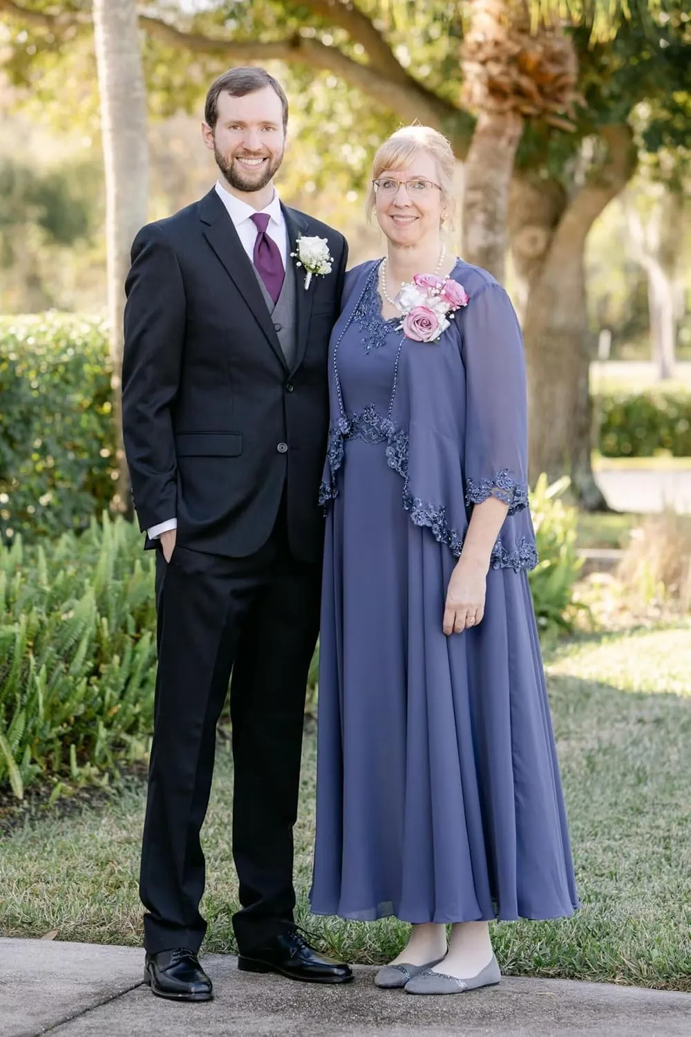 2 Pieces Mother of The Bride Dresses with Jacket 3/4 Sleeves Lace Applique Wedding Guest Dress