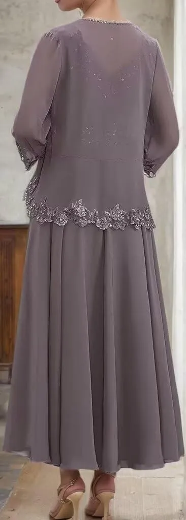 2 Pieces Mother of The Bride Dresses with Jacket 3/4 Sleeves Lace Applique Wedding Guest Dress