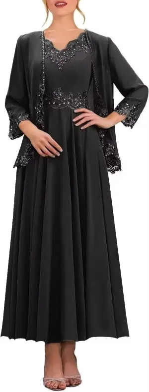 2 Pieces Mother of The Bride Dresses with Jacket 3/4 Sleeves Lace Applique Wedding Guest Dress
