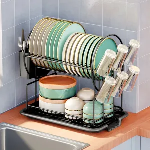 2 Tier Dish Drying Rack Drain Board Set Tableware Drainer Kitchen Rack