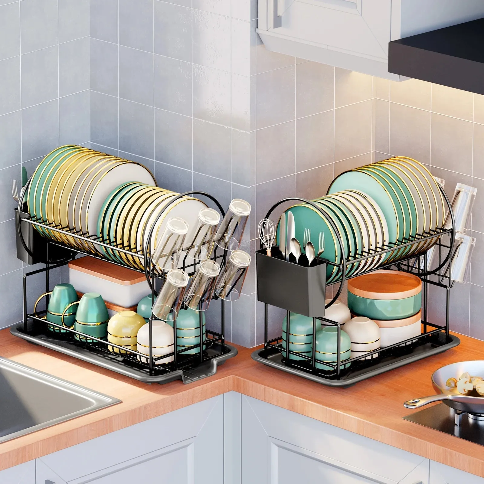 2 Tier Dish Drying Rack Drain Board Set Tableware Drainer Kitchen Rack