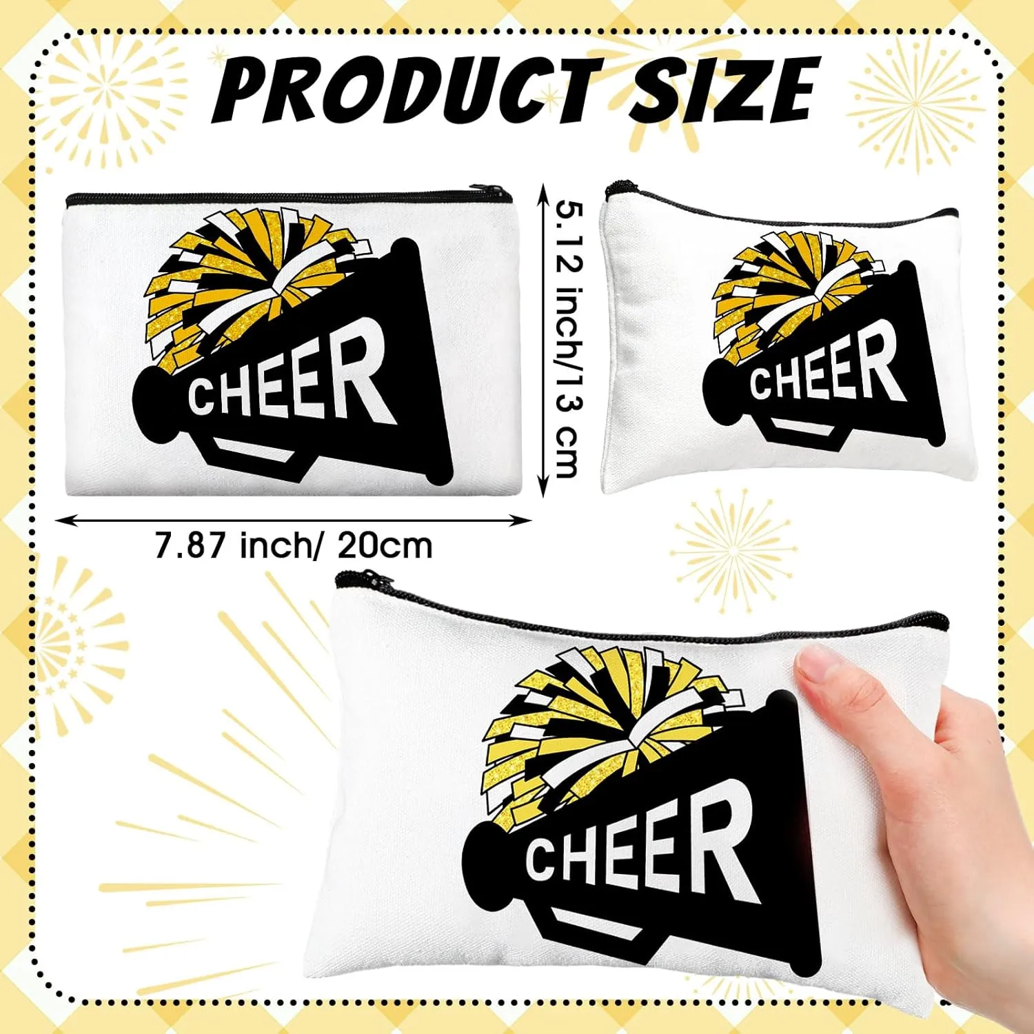 20 Pcs Cheer Makeup Bag Cheer Teams Gifts Canvas Makeup Case Cheerleader Teams Gifts Zipper Pouch for cheerleading Teammates Party Supplies(Black Gold)