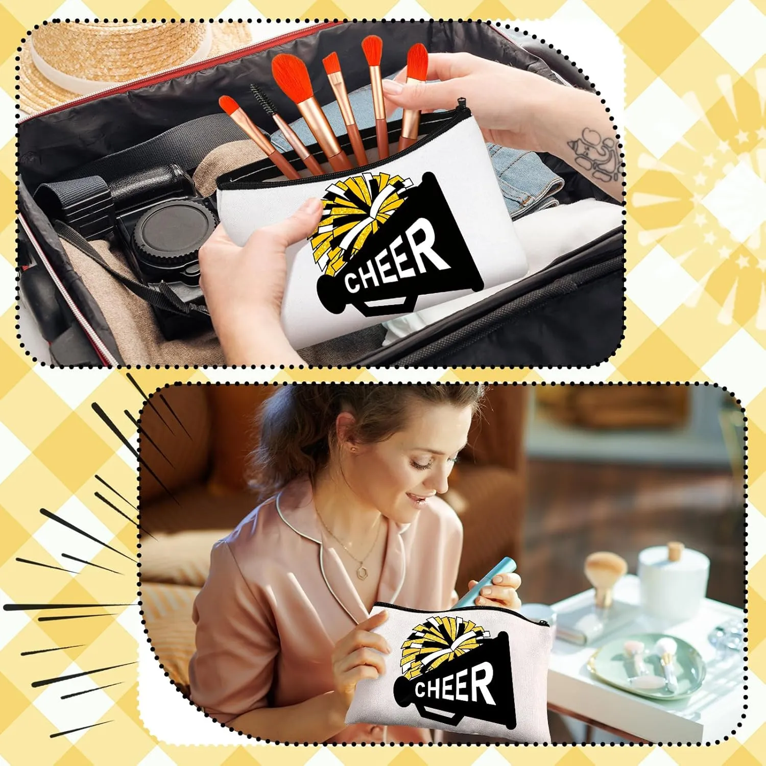 20 Pcs Cheer Makeup Bag Cheer Teams Gifts Canvas Makeup Case Cheerleader Teams Gifts Zipper Pouch for cheerleading Teammates Party Supplies(Black Gold)