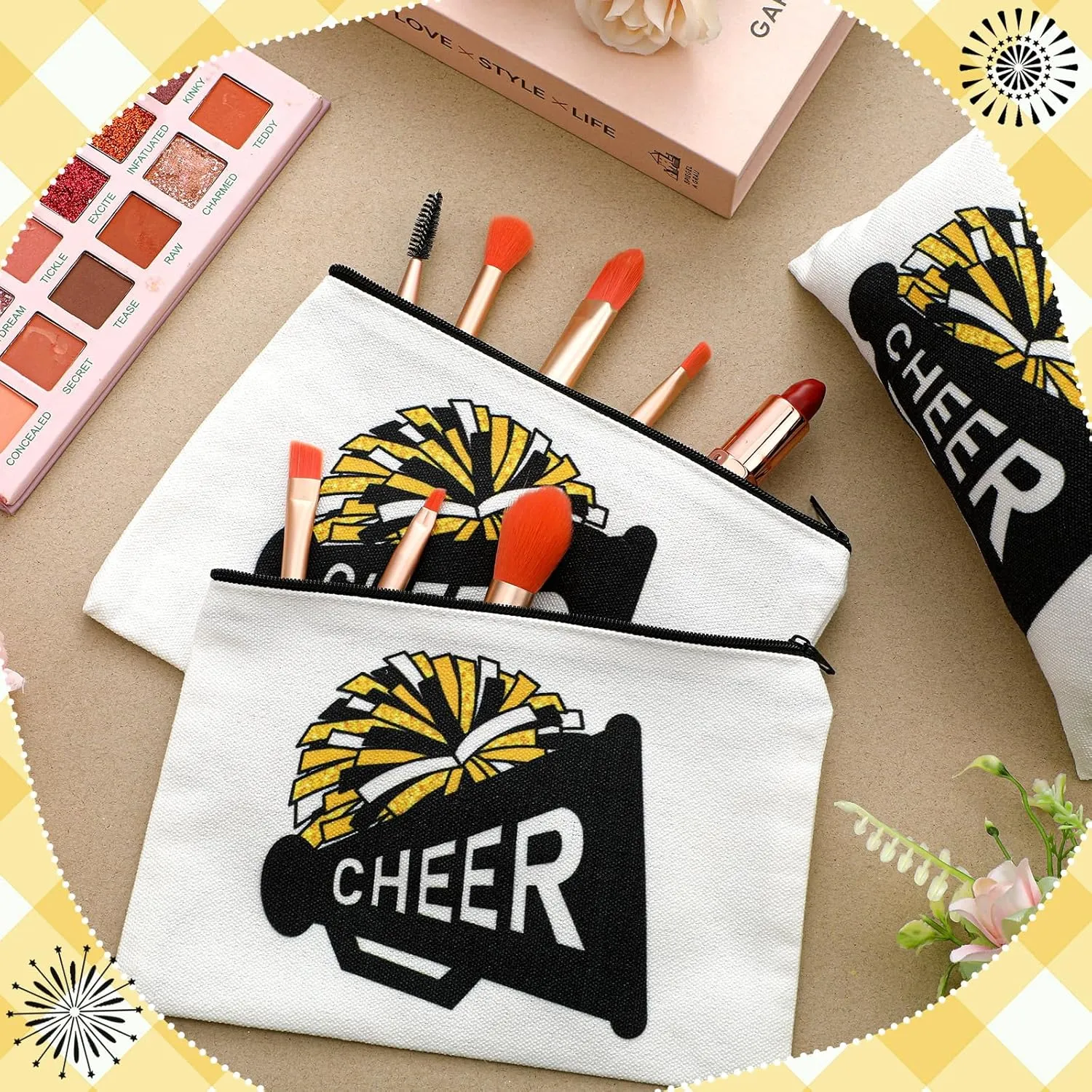 20 Pcs Cheer Makeup Bag Cheer Teams Gifts Canvas Makeup Case Cheerleader Teams Gifts Zipper Pouch for cheerleading Teammates Party Supplies(Black Gold)