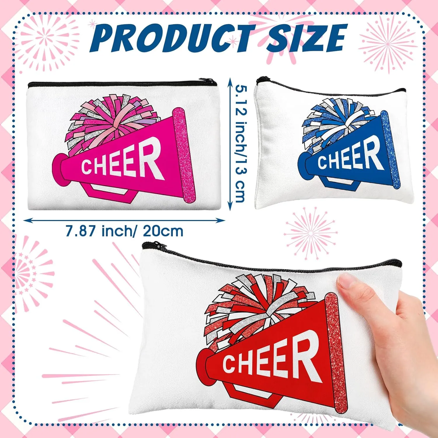 20 Pcs Cheer Makeup Bag Cheer Teams Gifts Canvas Makeup Case Cheerleader Teams Gifts Zipper Pouch for cheerleading Teammates Party Supplies(Pink, Blue, Green, Red)