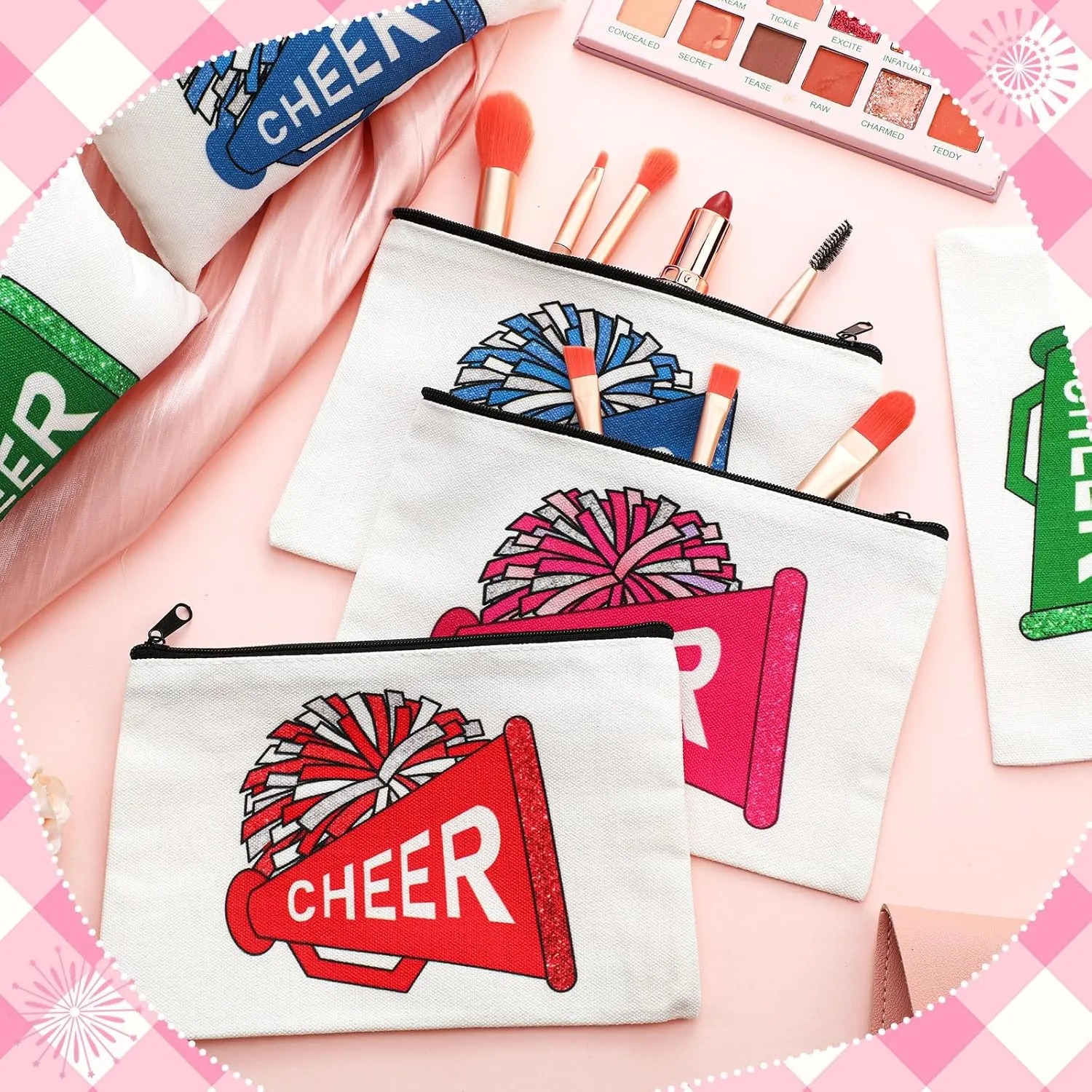 20 Pcs Cheer Makeup Bag Cheer Teams Gifts Canvas Makeup Case Cheerleader Teams Gifts Zipper Pouch for cheerleading Teammates Party Supplies(Pink, Blue, Green, Red)