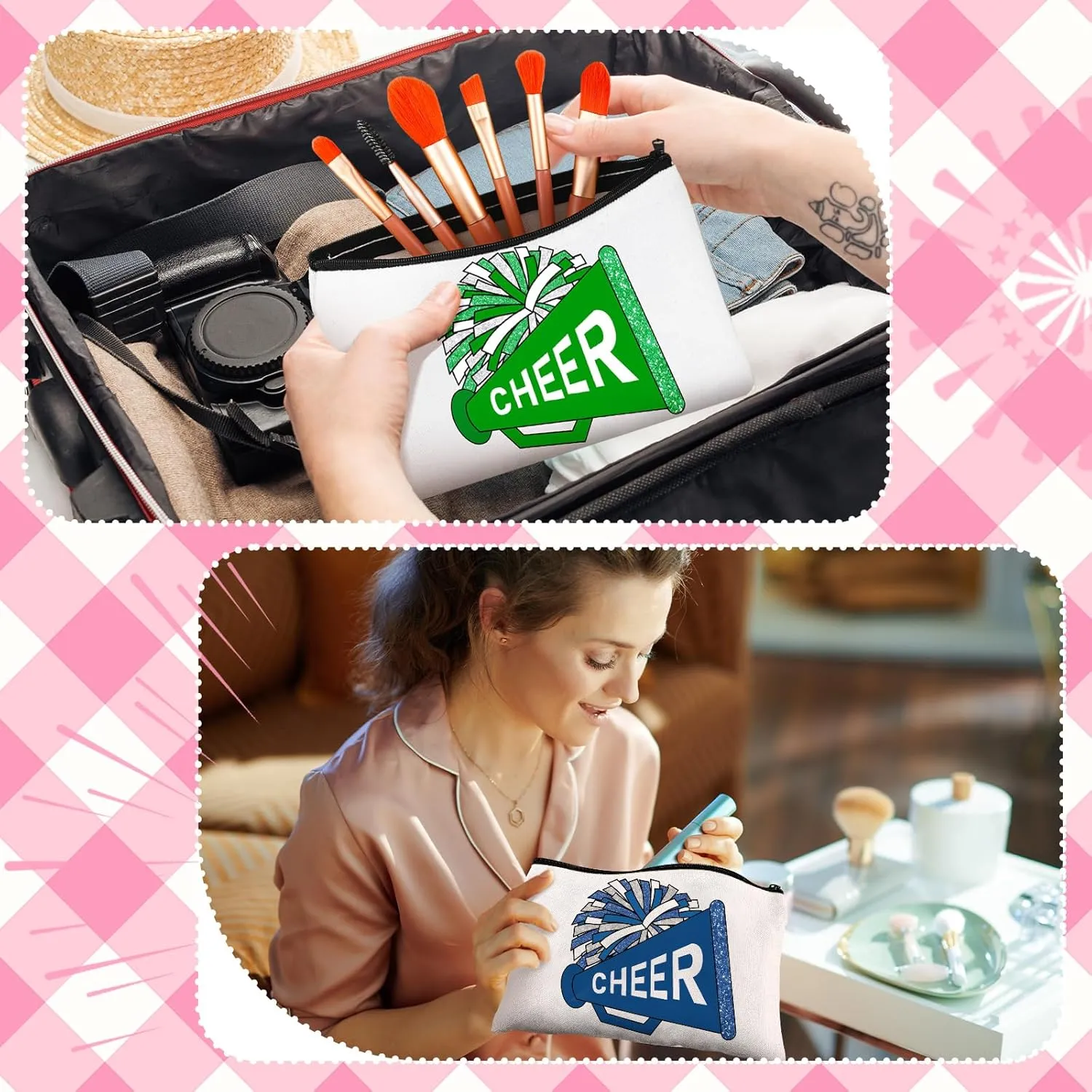 20 Pcs Cheer Makeup Bag Cheer Teams Gifts Canvas Makeup Case Cheerleader Teams Gifts Zipper Pouch for cheerleading Teammates Party Supplies(Pink, Blue, Green, Red)
