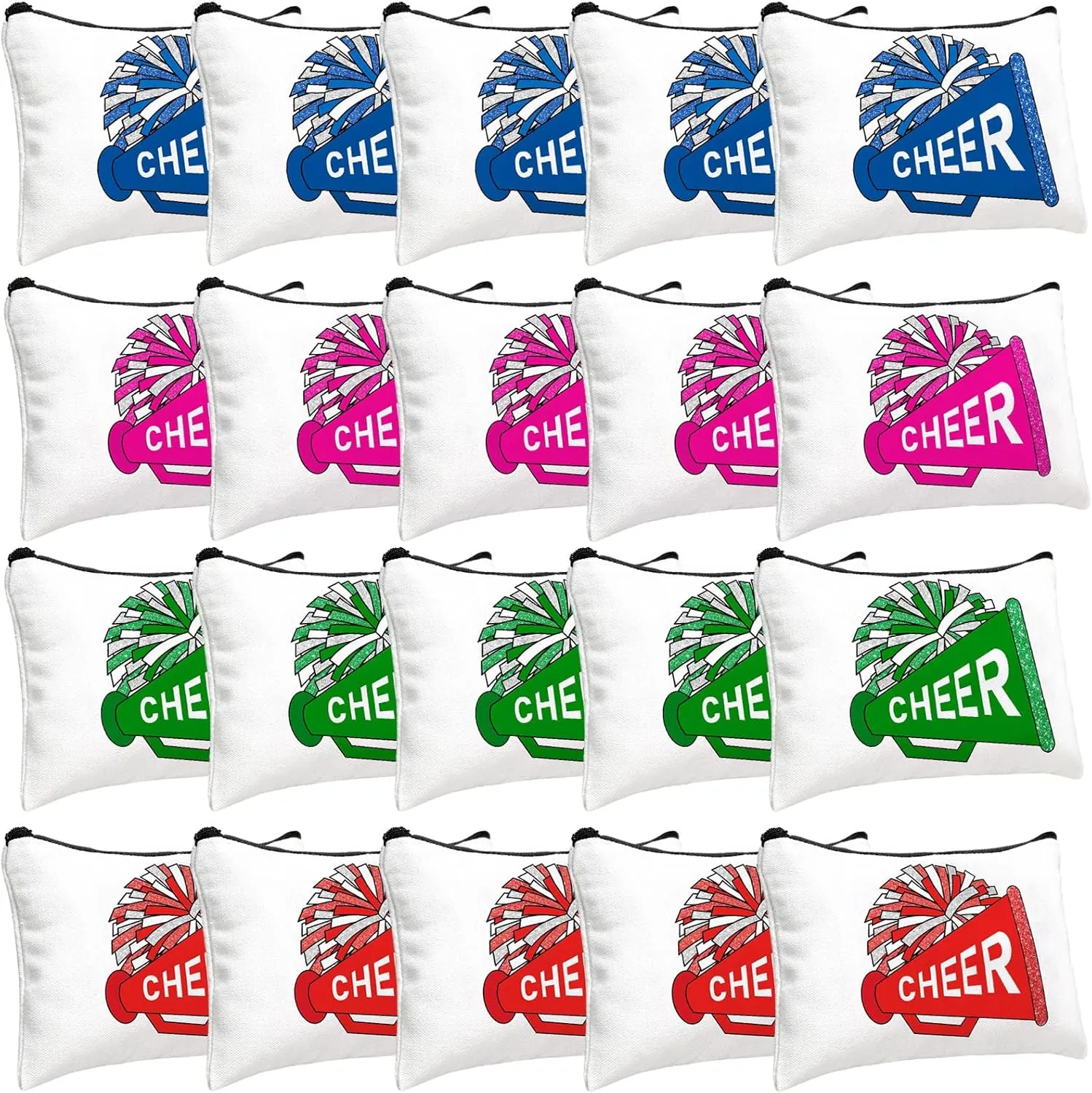20 Pcs Cheer Makeup Bag Cheer Teams Gifts Canvas Makeup Case Cheerleader Teams Gifts Zipper Pouch for cheerleading Teammates Party Supplies(Pink, Blue, Green, Red)