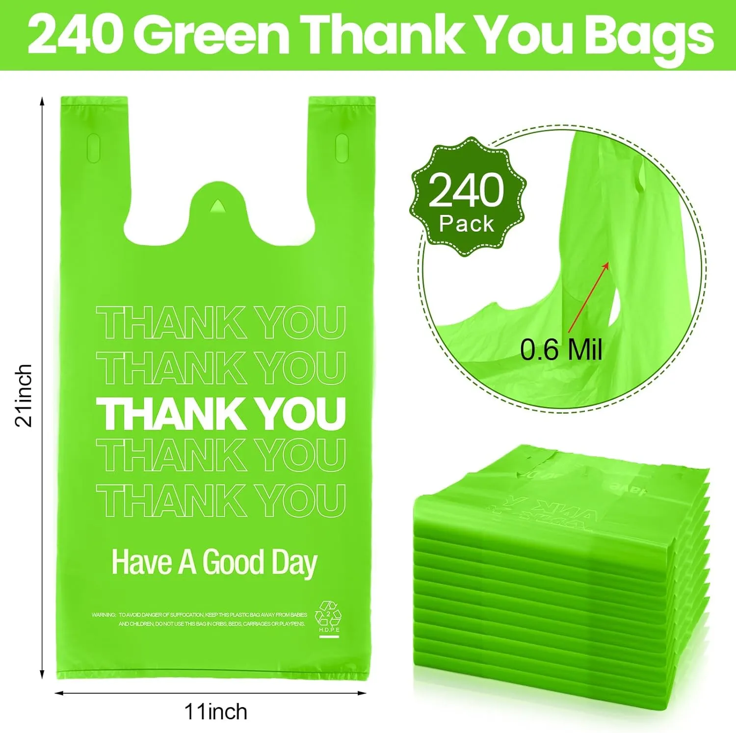 240 Pcs Thank You Plastic Bags Bulk Thank You Shopping Grocery T-shirt Bags with Handles for Small Business, Retails, Take Out, Supermarket, Restaurant, 11 x 6 x 21 Inch, 0.6 Mil (Green)
