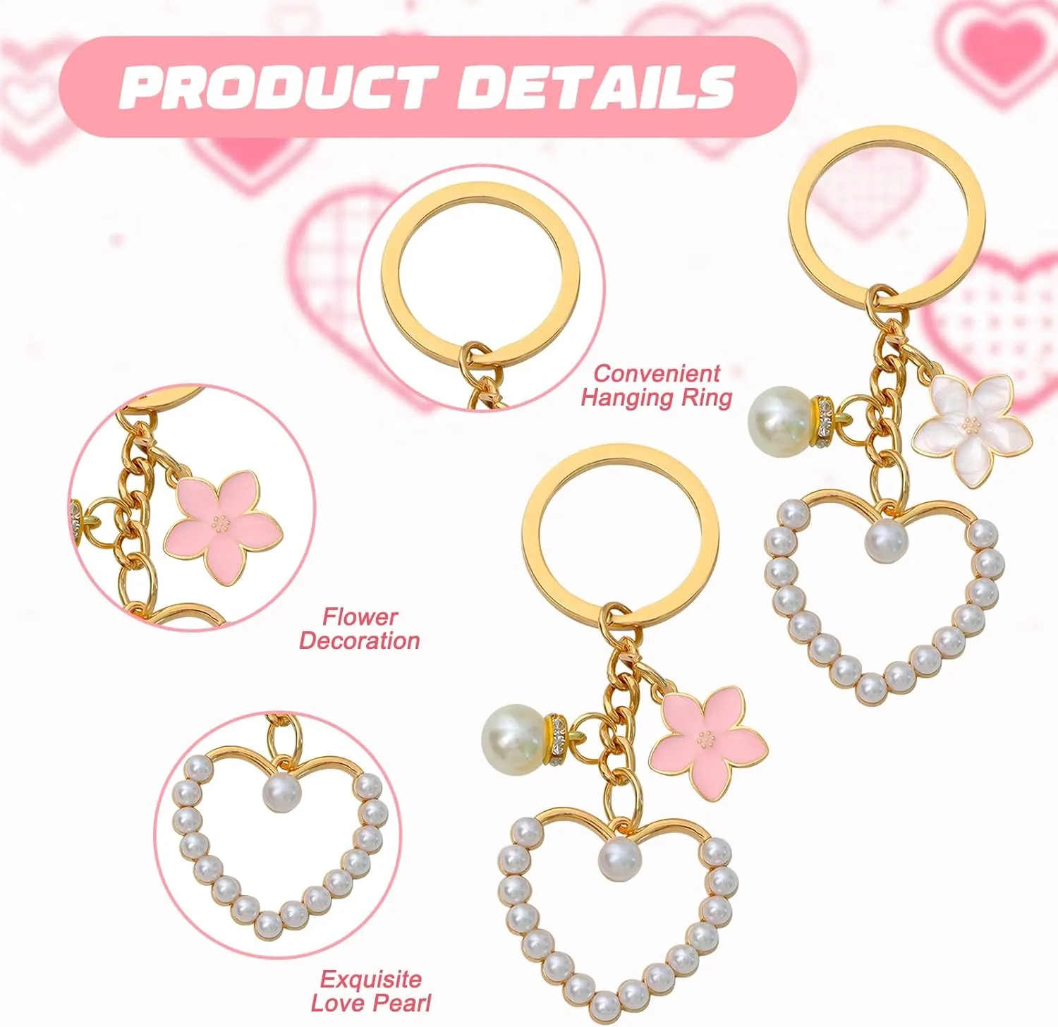 2pcs Cute Bow Keychain for Women Wristlet Keychain Ribbon Pearl Charm for Car Keys Purse Handbags Backpack Accessories