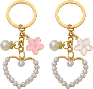 2pcs Cute Bow Keychain for Women Wristlet Keychain Ribbon Pearl Charm for Car Keys Purse Handbags Backpack Accessories