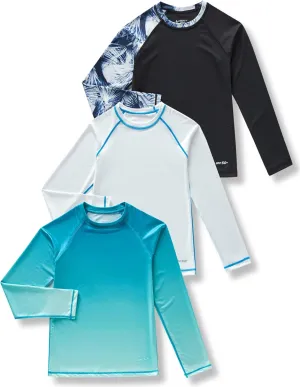 3 Pack Boys' UPF 50  Rash Guard Long Sleeve Swim Shirts, Quick Dry UV Protection Swimwear for Kids