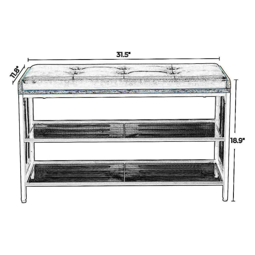 32" Button Tufted Shoe Rack Bench, Vegan Faux Leather Seat, 2 Mesh Shelves, Black, Brown By Casagear Home