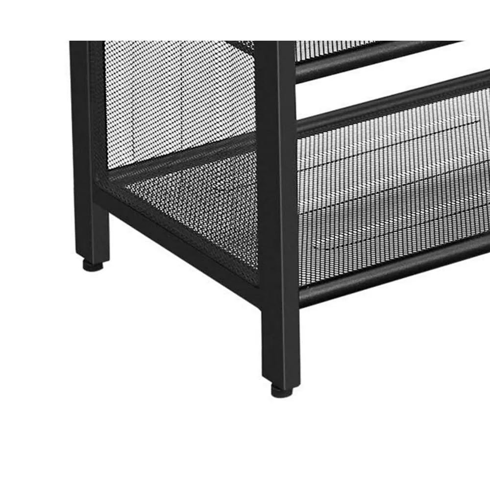 32" Button Tufted Shoe Rack Bench, Vegan Faux Leather Seat, 2 Mesh Shelves, Black, Brown By Casagear Home