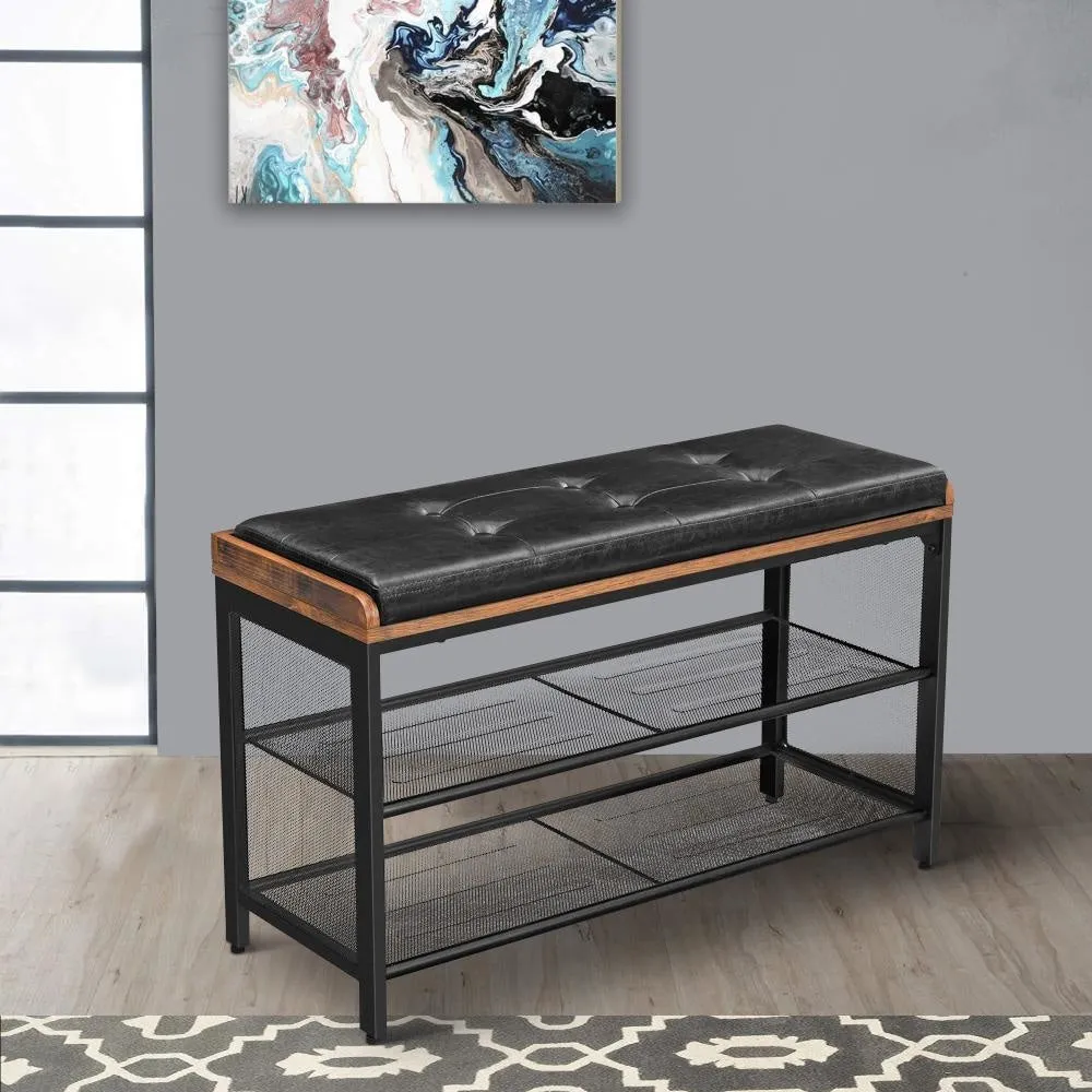 32" Button Tufted Shoe Rack Bench, Vegan Faux Leather Seat, 2 Mesh Shelves, Black, Brown By Casagear Home