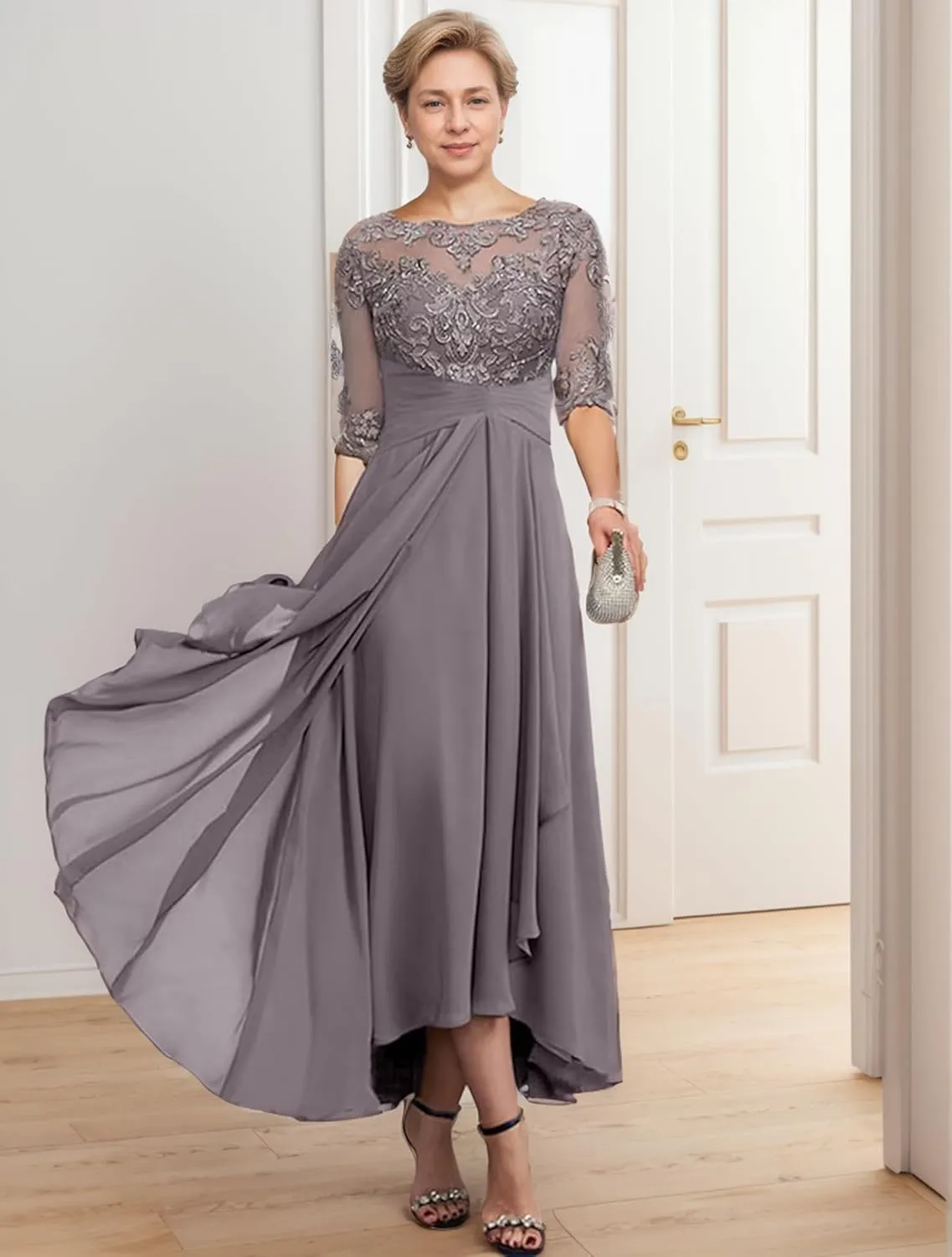 3/4 Sleeves Mother of The Bride Dresses for Women Chiffon Lace Appliques Formal Dress Evening Gown