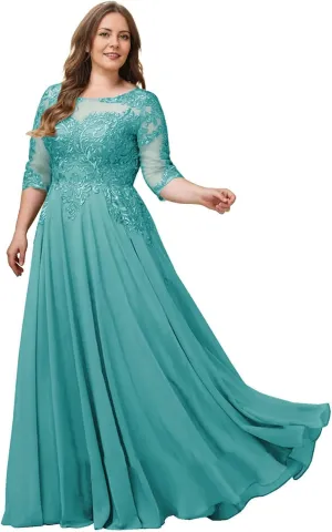 3/4 Sleeves Mother of The Bride Dresses for Women Lace Appliques Formal Dress Evening Gown