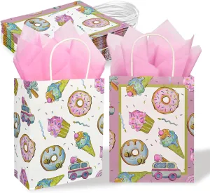 36 Pack Medium Sized Sweety Themed Paper Gift Bags with Handles and Pink Tissue Paper for Ice Cream Summer Parties, Two Sweet Parties, Donut Grow Up Birthday Party Supplies, 10x8x4 Inches