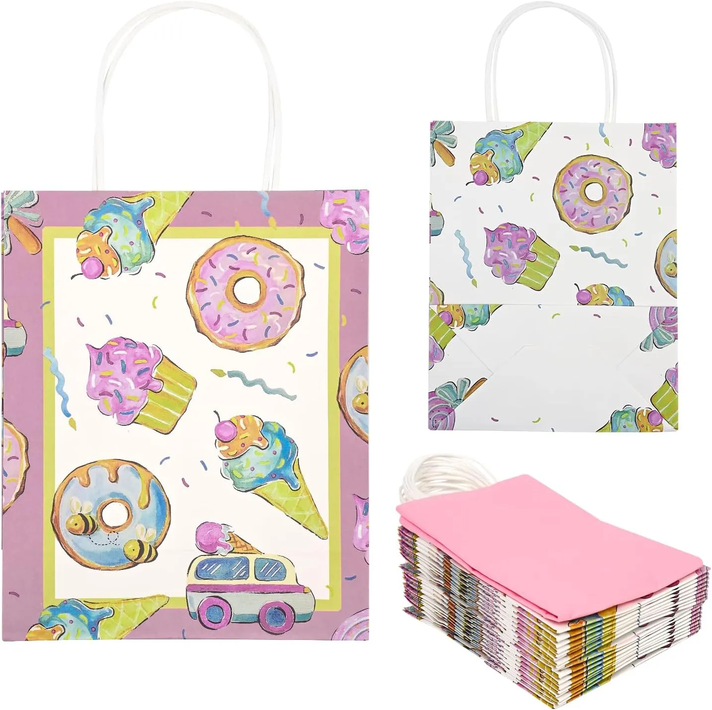 36 Pack Medium Sized Sweety Themed Paper Gift Bags with Handles and Pink Tissue Paper for Ice Cream Summer Parties, Two Sweet Parties, Donut Grow Up Birthday Party Supplies, 10x8x4 Inches