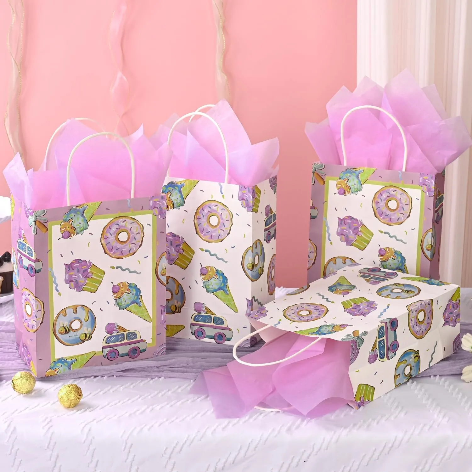 36 Pack Medium Sized Sweety Themed Paper Gift Bags with Handles and Pink Tissue Paper for Ice Cream Summer Parties, Two Sweet Parties, Donut Grow Up Birthday Party Supplies, 10x8x4 Inches