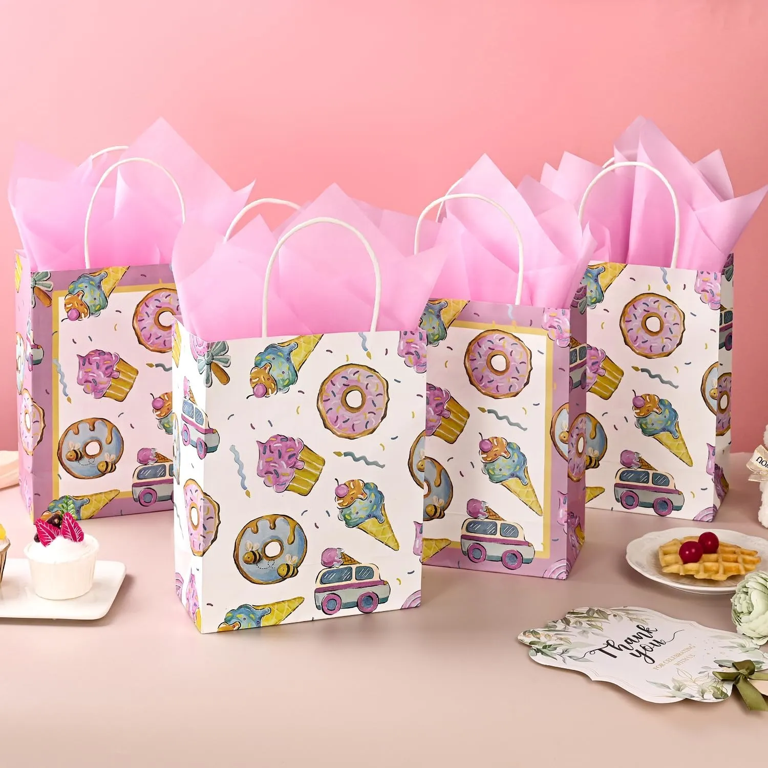 36 Pack Medium Sized Sweety Themed Paper Gift Bags with Handles and Pink Tissue Paper for Ice Cream Summer Parties, Two Sweet Parties, Donut Grow Up Birthday Party Supplies, 10x8x4 Inches