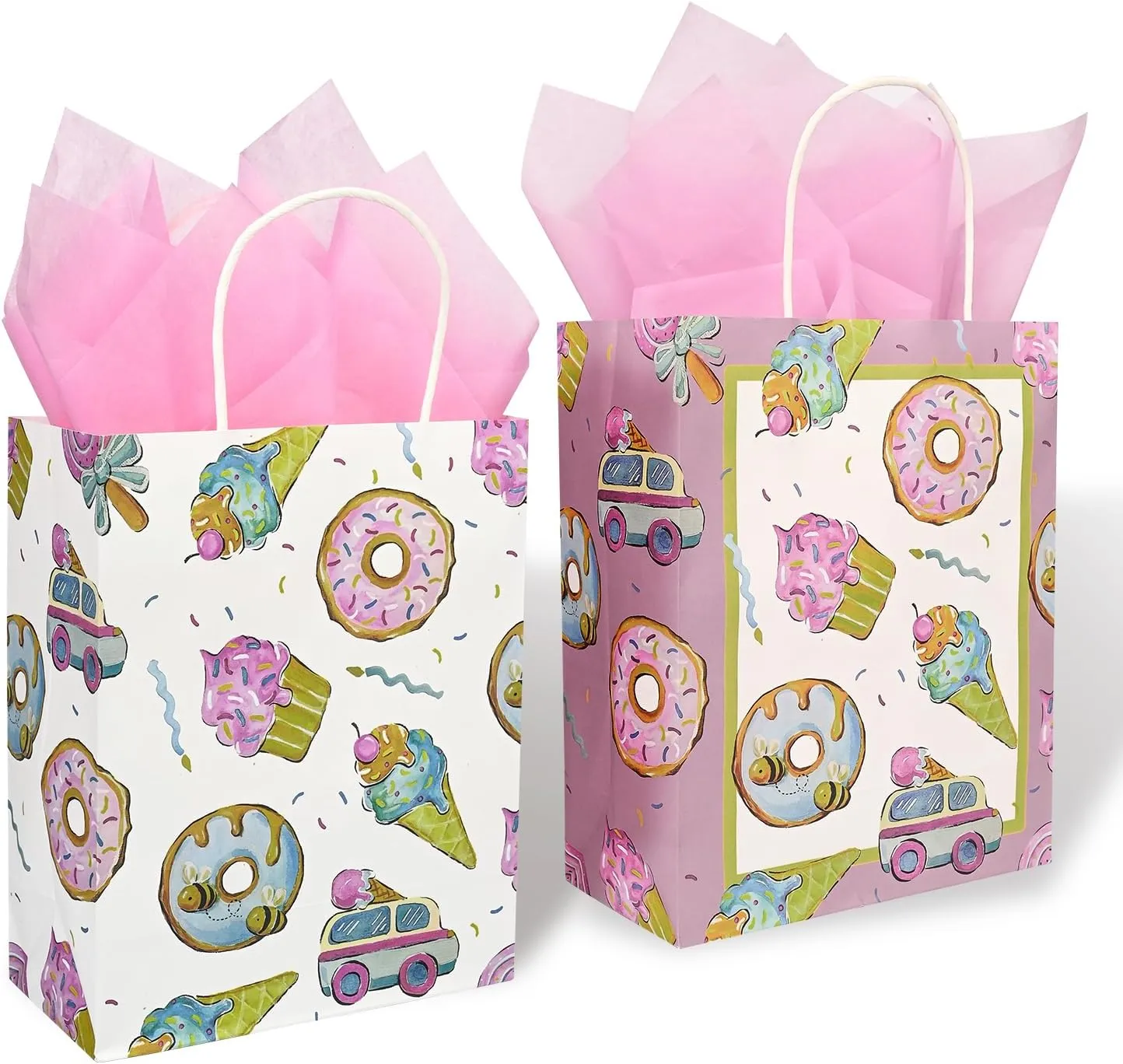 36 Pack Medium Sized Sweety Themed Paper Gift Bags with Handles and Pink Tissue Paper for Ice Cream Summer Parties, Two Sweet Parties, Donut Grow Up Birthday Party Supplies, 10x8x4 Inches