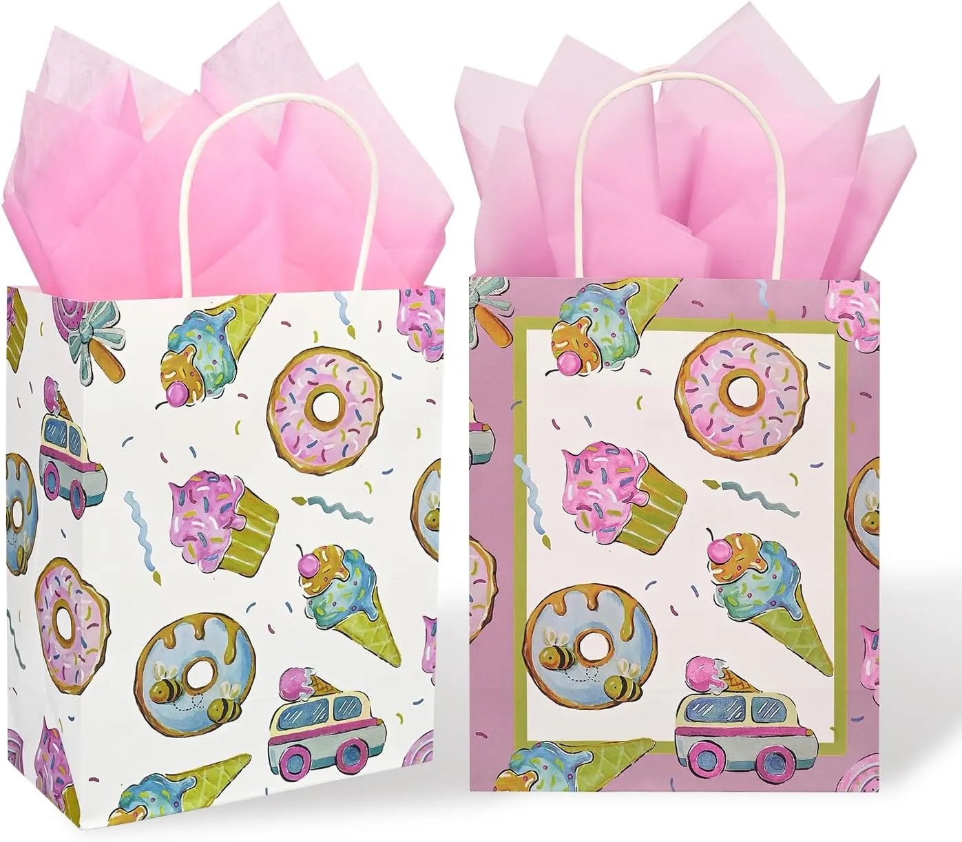 36 Pack Medium Sized Sweety Themed Paper Gift Bags with Handles and Pink Tissue Paper for Ice Cream Summer Parties, Two Sweet Parties, Donut Grow Up Birthday Party Supplies, 10x8x4 Inches