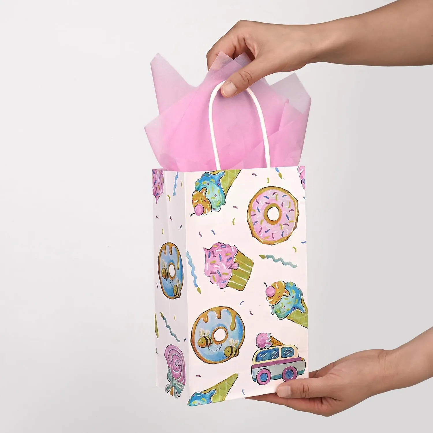 36 Pack Medium Sized Sweety Themed Paper Gift Bags with Handles and Pink Tissue Paper for Ice Cream Summer Parties, Two Sweet Parties, Donut Grow Up Birthday Party Supplies, 10x8x4 Inches