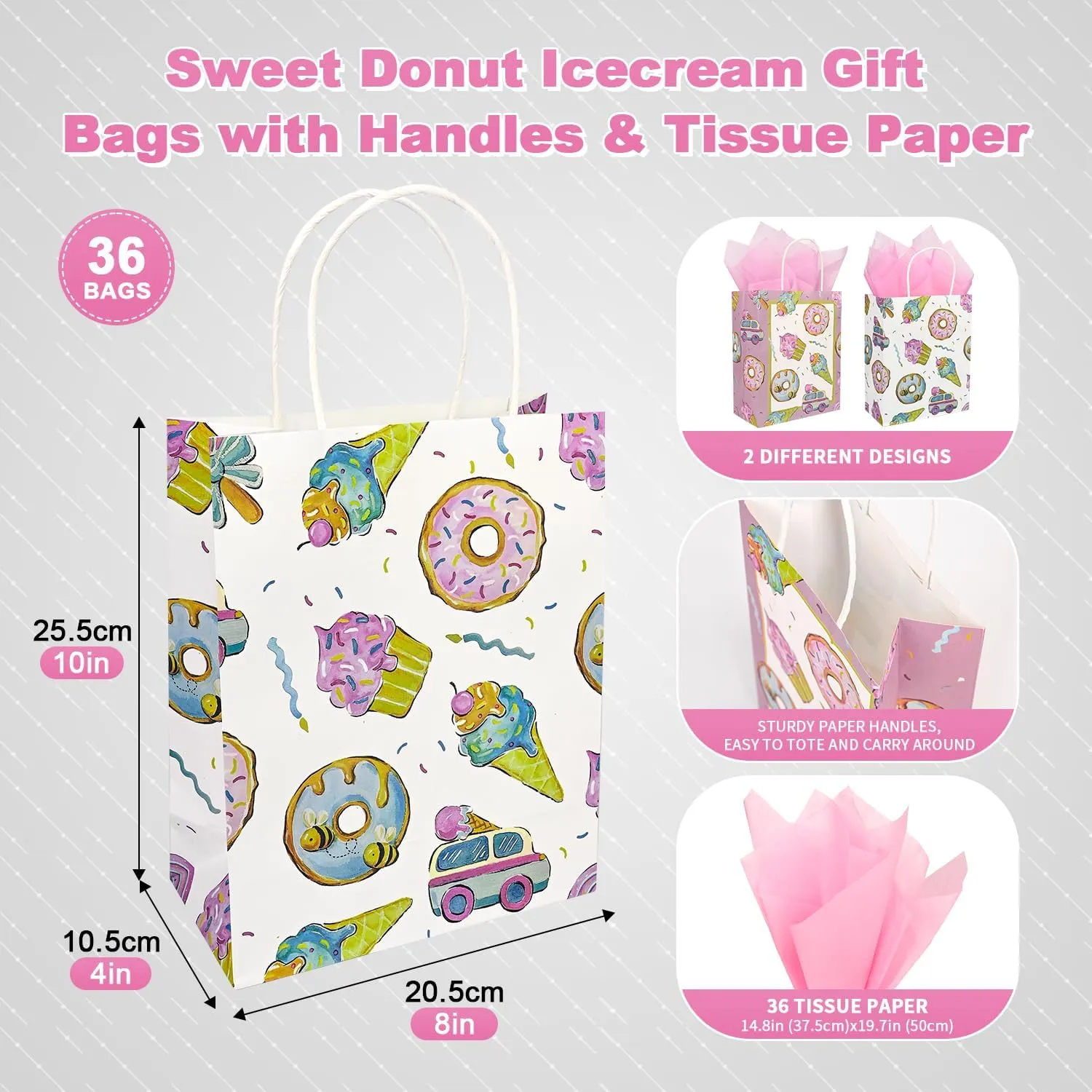 36 Pack Medium Sized Sweety Themed Paper Gift Bags with Handles and Pink Tissue Paper for Ice Cream Summer Parties, Two Sweet Parties, Donut Grow Up Birthday Party Supplies, 10x8x4 Inches