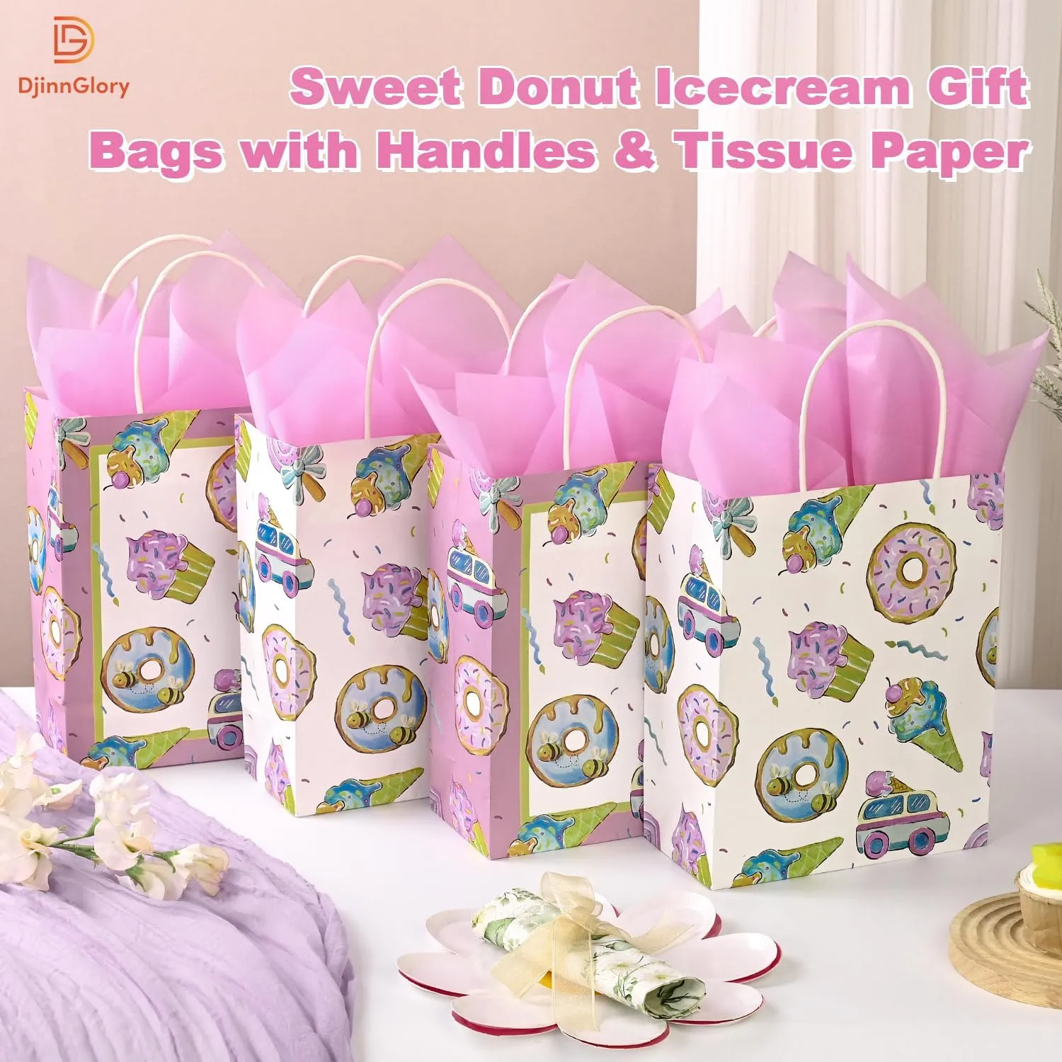 36 Pack Medium Sized Sweety Themed Paper Gift Bags with Handles and Pink Tissue Paper for Ice Cream Summer Parties, Two Sweet Parties, Donut Grow Up Birthday Party Supplies, 10x8x4 Inches