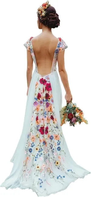 3D Flower Wedding Dresses for Bride Boho Embroidered Chiffon Cap Sleeve V Neck A Line Backless Bridal Gowns